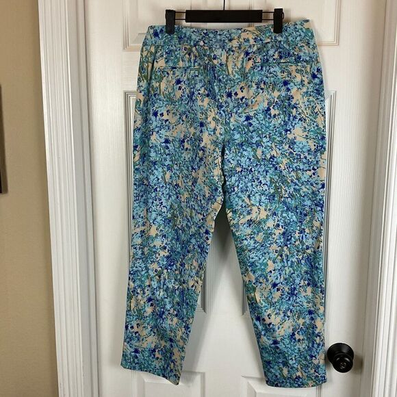 Talbots Signature 12 Blue Watercolor Floral Pant Mid Rise Ankle Career Casual U3 - Picture 6 of 12